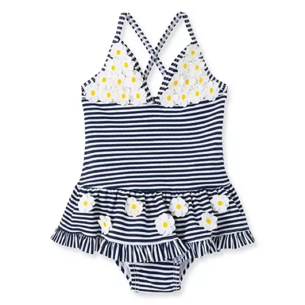 Little Me Navy and White Gingham Swimsuit with Daisy Details